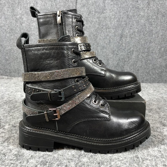 Steve Madden Womens Black Leather Combat Boots Rhinestone Harness Lug Sole Zip - Picture 2 of 16